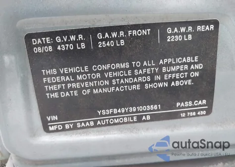 2009 Saab 9-3 2.0T from USA, damaged, VIN YS3FB49Y391003561